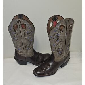 Tony Lama Boots Womens Sz 10 Brown Leather Embroidered Western Cowboy Buckaroo
